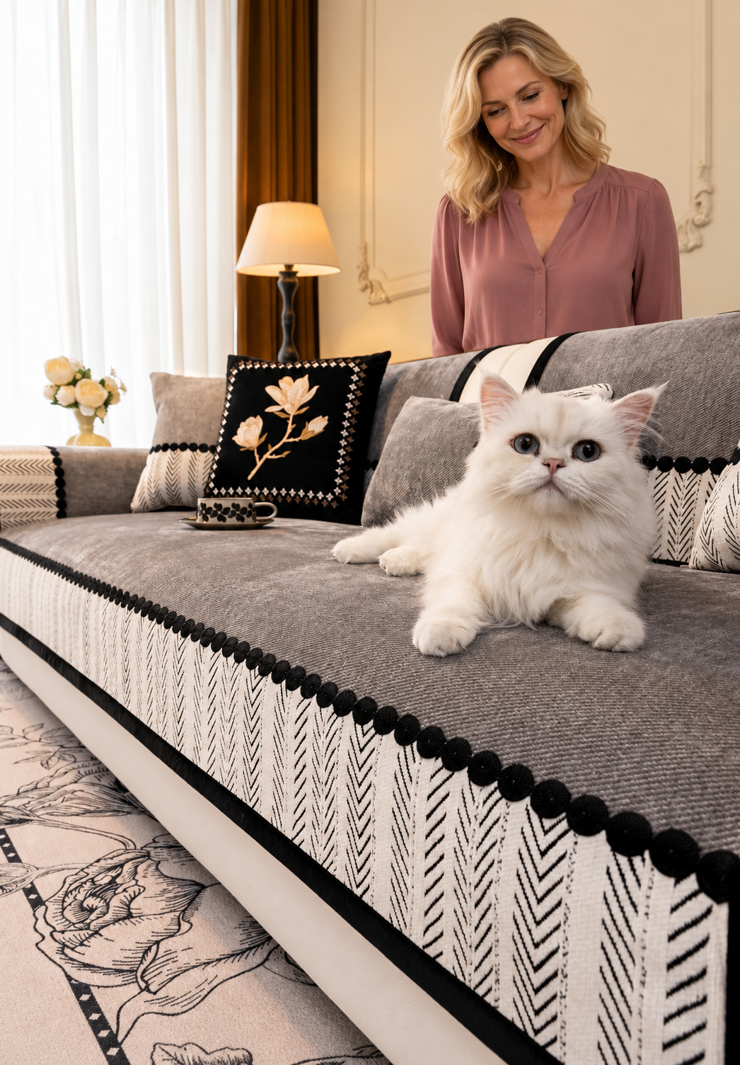 Sofa Decor Marlow Chenille Sofa Seat Cover in Dark Grey, styled with a blonde woman.