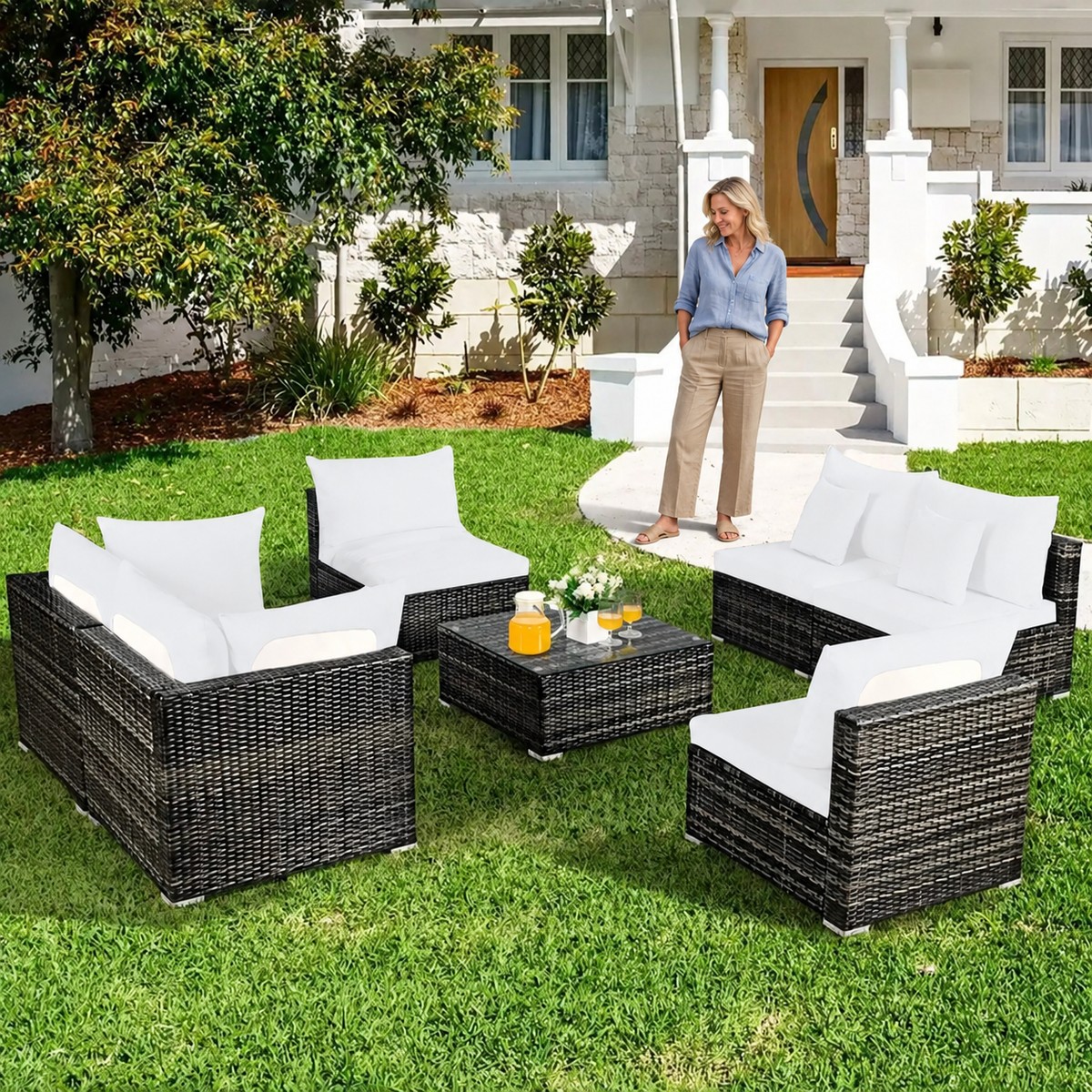 Sofa Decor Daintree Tropical Cushion Protectors in white, styled with a blonde woman.