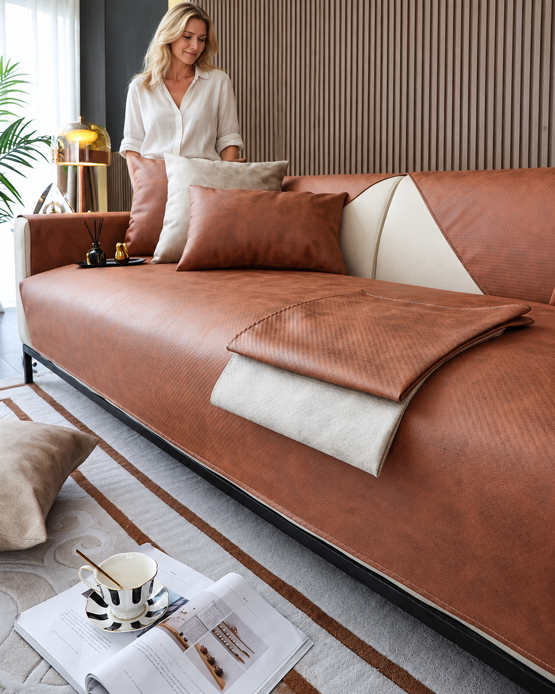 Sofa Decor Talia Tech Fabric Sofa Cover in A3, styled with a blonde woman.