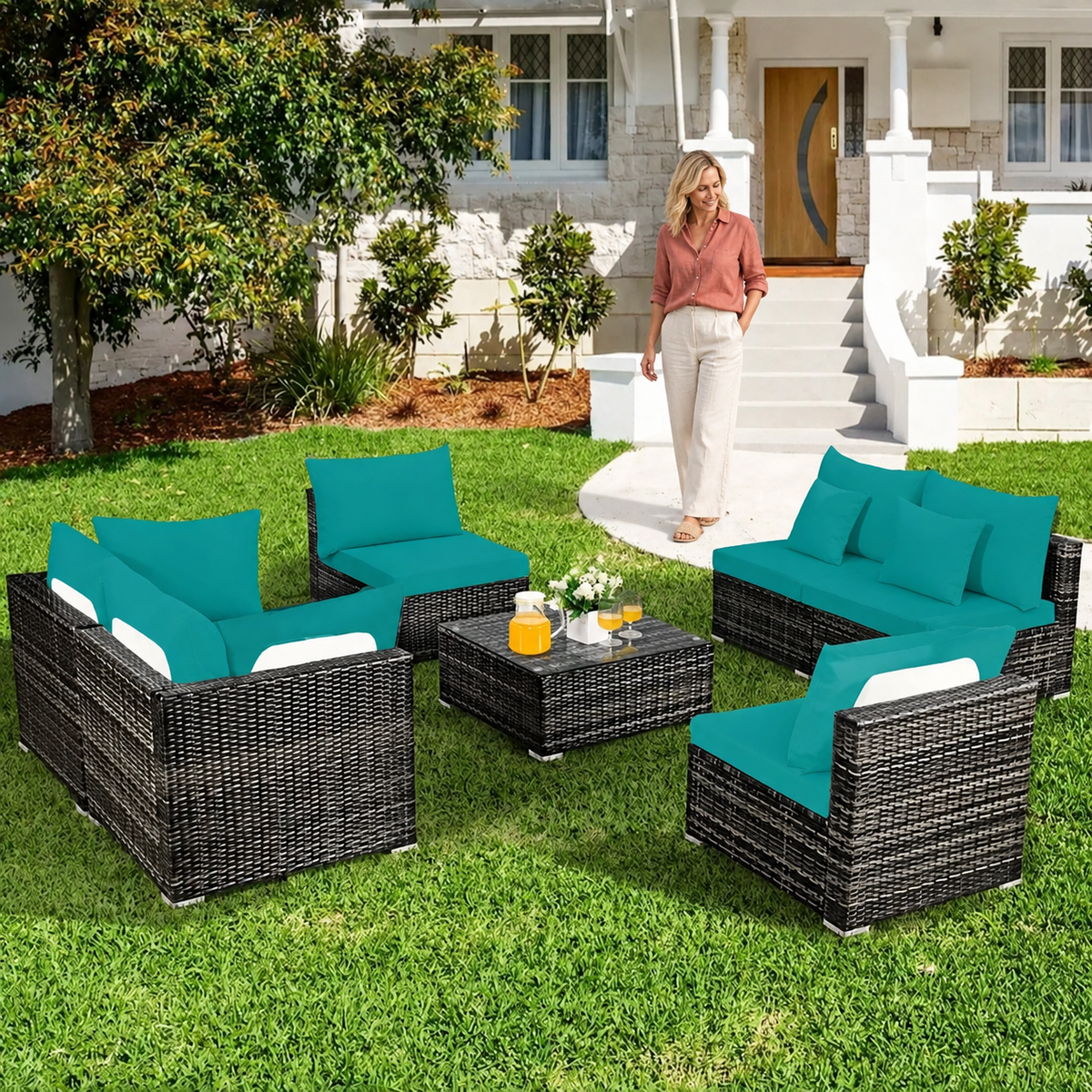 Sofa Decor Daintree Tropical Cushion Protectors in peacock blue, styled with a blonde woman.