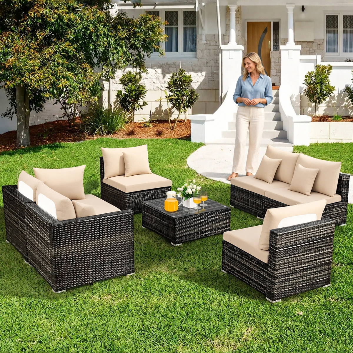 Sofa Decor Daintree Tropical Cushion Protectors in Beige, styled with a blonde woman.