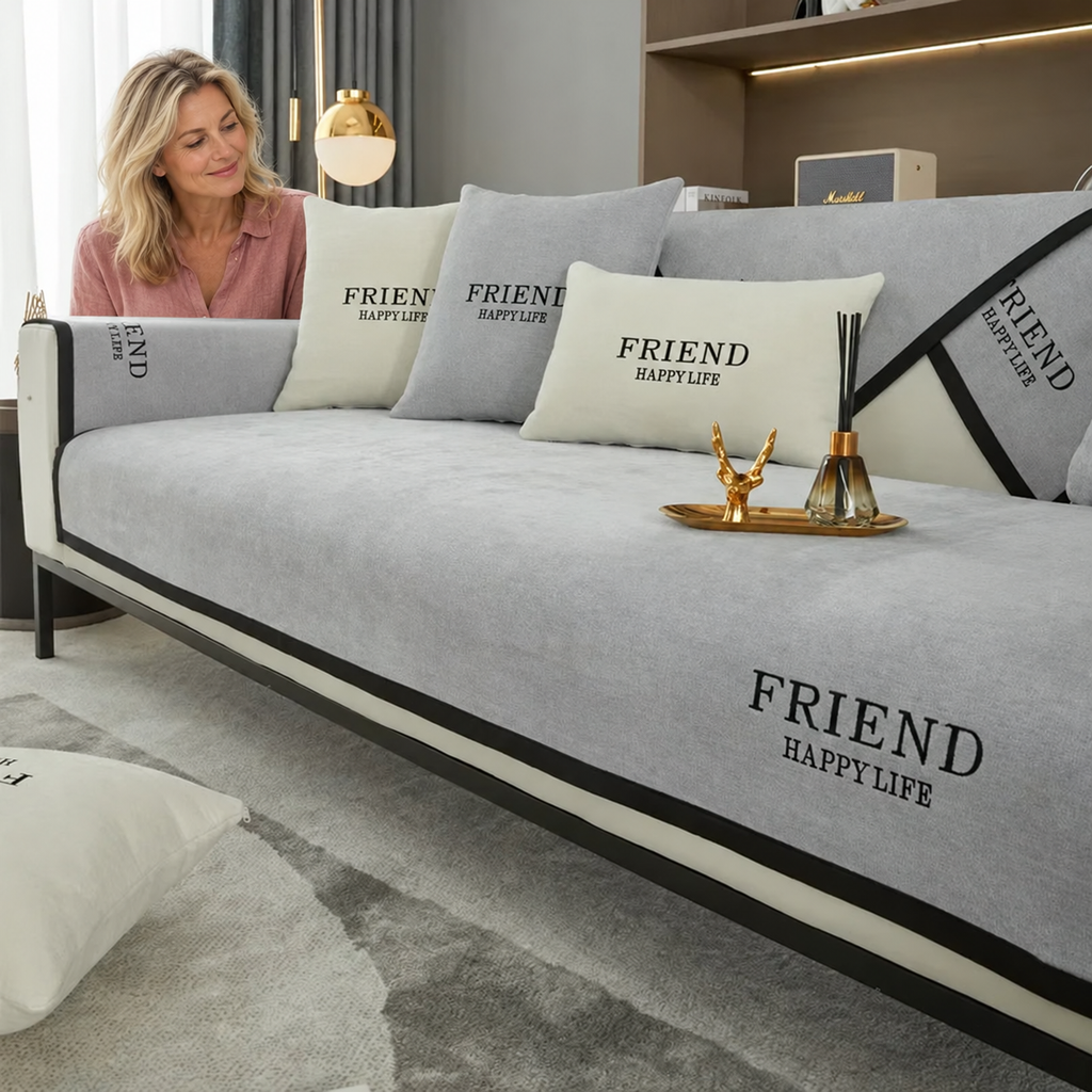 Sofa Decor Kensington Chenille Cushion Cover in A5, styled with a blonde woman.