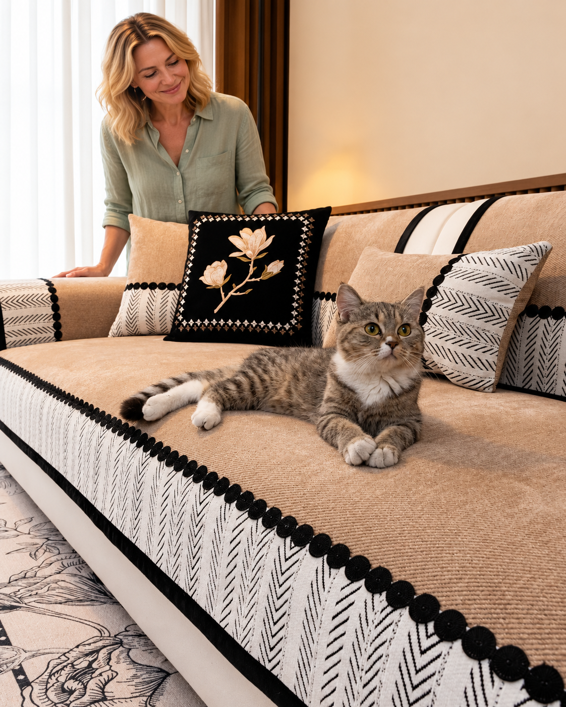 Sofa Decor Marlow Chenille Sofa Seat Cover in Khaki, styled with a blonde woman.