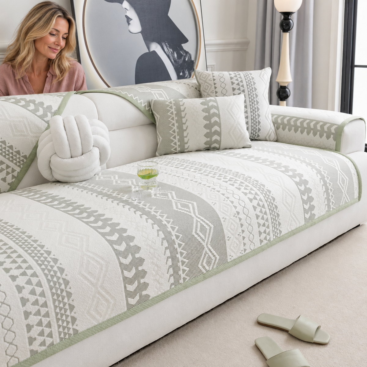 Sofa Decor Mira Ice Silk Couch Cover in A1, styled with a blonde woman.