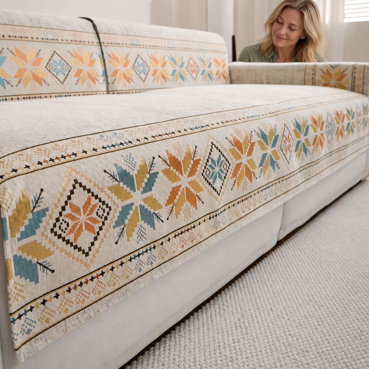 Sofa Decor Sorrento Jacquard Chenille Sofa Cover in Beige, styled with a blonde woman.