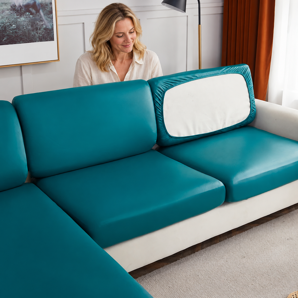 Sofa Decor Nero Water Resistant Leather Cushion Cover in color 5, styled with a blonde woman.
