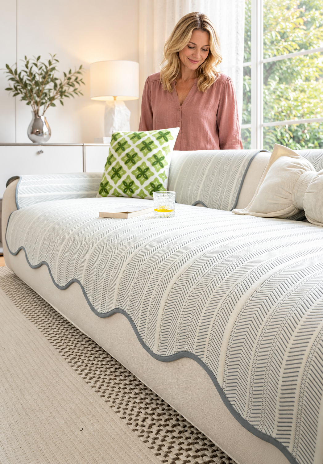 Sofa Decor Breeze Summer Cool Sofa Cover in A3 sofa cover, styled with a blonde woman.