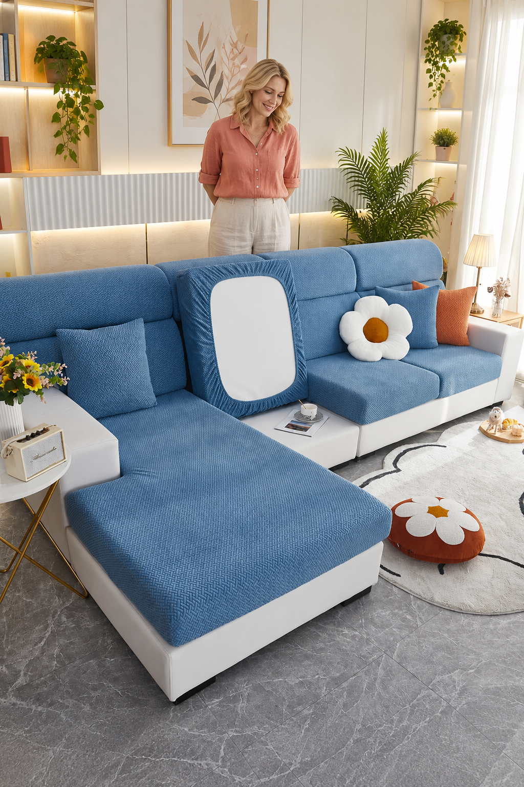 Sofa Decor Milan Twill Stretch Sofa Slipcover in Color  08, styled with a blonde woman.
