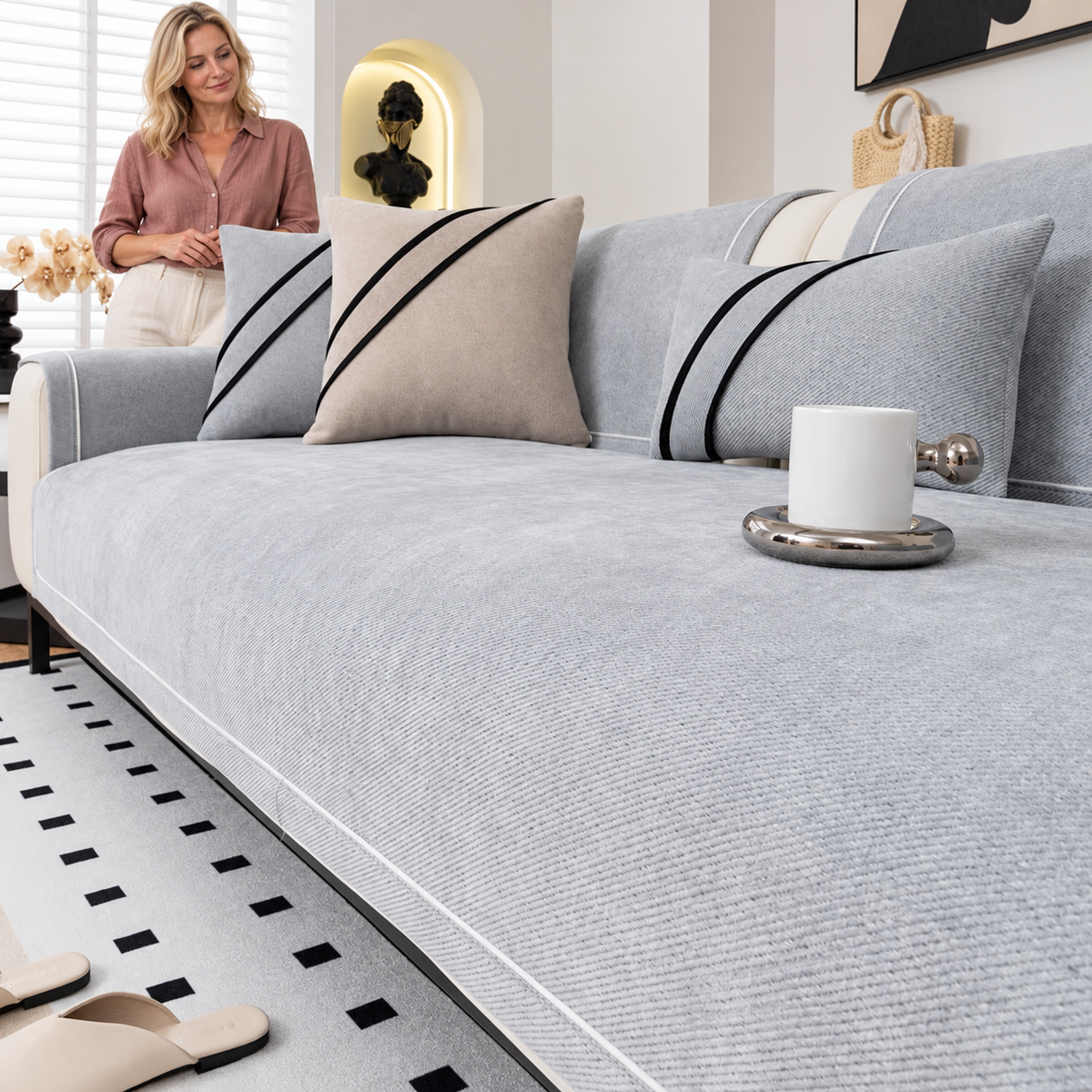 Sofa Decor Geneva Heavy Chenille Sofa Protector in Light Grey / Australia, styled with a blonde woman.
