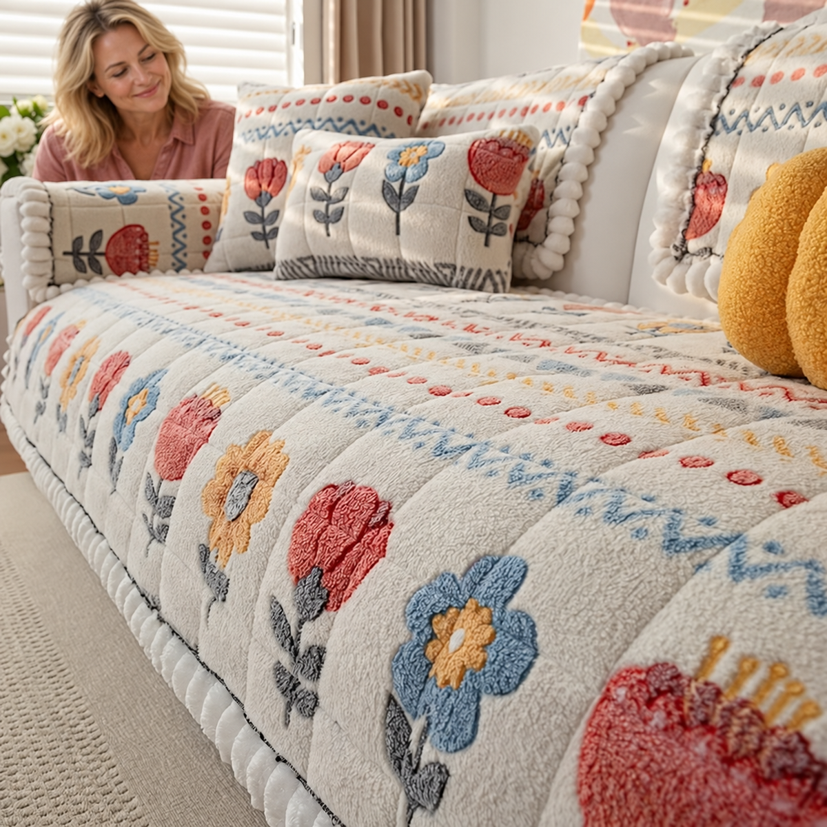 Sofa Decor Bellini Plush Velvet Sofa Pad in WHITE, styled with a blonde woman.