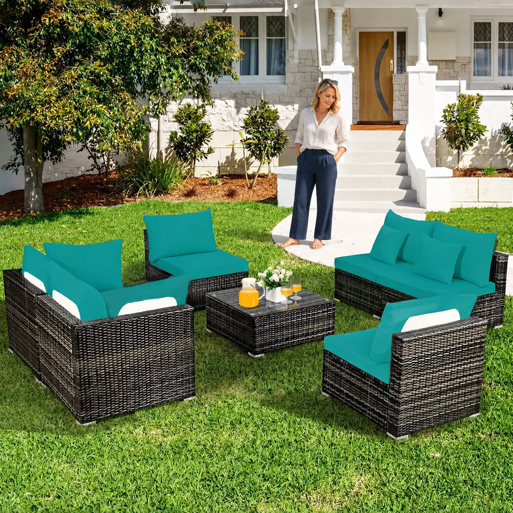 Sofa Decor Palm Cove Tropical Outdoor Cushion Covers in peacock blue, styled with a blonde woman.
