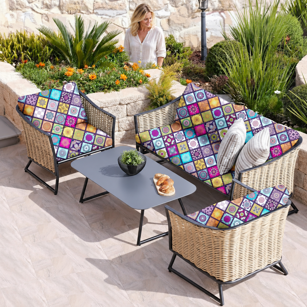 Sofa Decor Palm Cove Outdoor Cushion Covers in COLOR1, styled with a blonde woman.