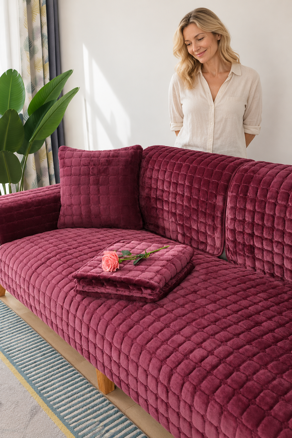 Sofa Decor Raine Plush Flannel Cushion Cover in Wine, styled with a blonde woman.