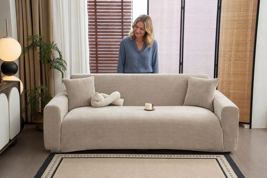 Sofa Decor Marlow Chenille Stretch Sofa Cover in Beige, styled with a blonde woman.