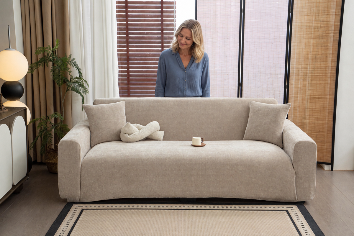 Sofa Decor Marlow Chenille Stretch Sofa Cover in Beige, styled with a blonde woman.