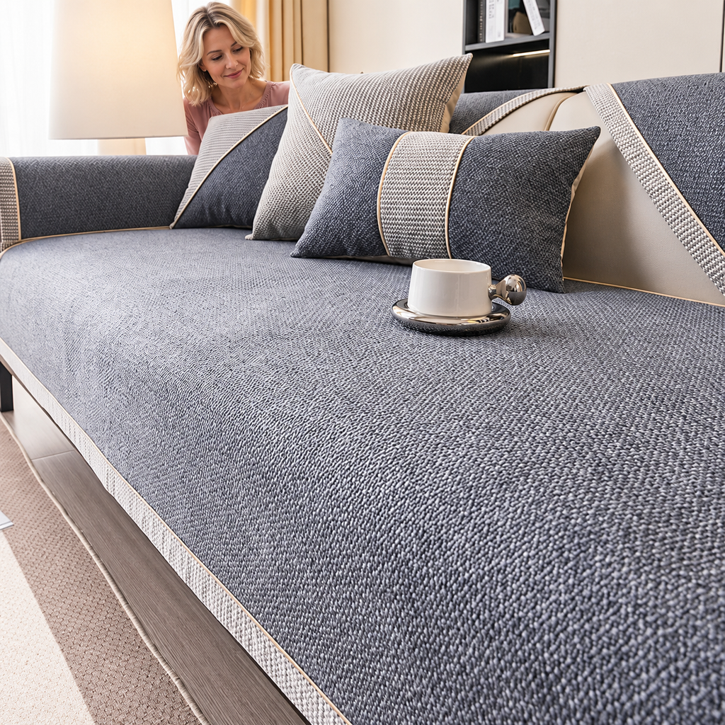 Sofa Decor Haven Linen Look Sofa Cushion Cover in G, styled with a blonde woman.