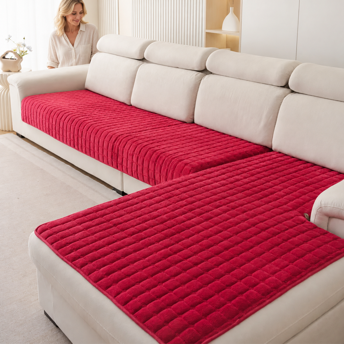 Sofa Decor Velluto Velvet Sofa Cushion Cover in Red, styled with a blonde woman.