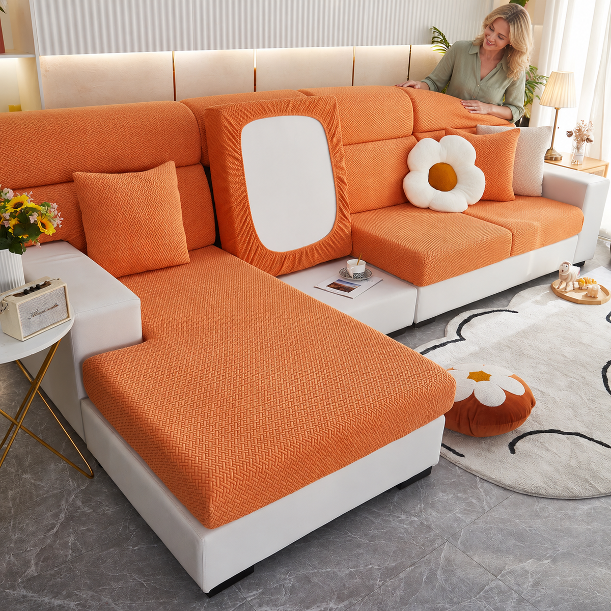 Sofa Decor Milan Twill Stretch Sofa Slipcover in Color  07, styled with a blonde woman.