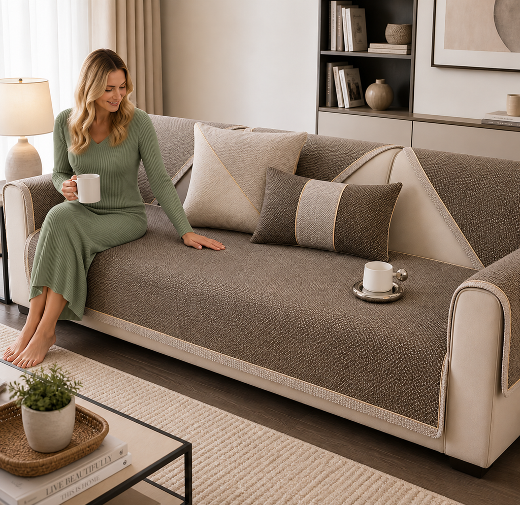 Sofa Decor Haven Linen Look Sofa Cushion Cover in F, styled with a blonde woman.