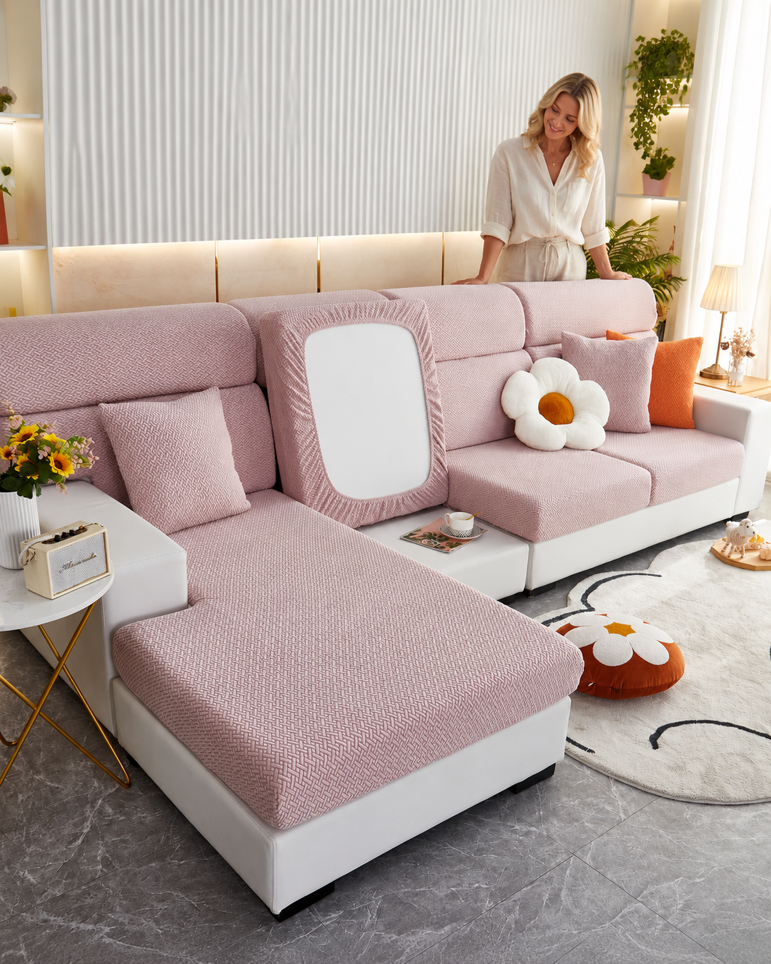 Sofa Decor Milan Twill Stretch Sofa Slipcover in Color  11, styled with a blonde woman.