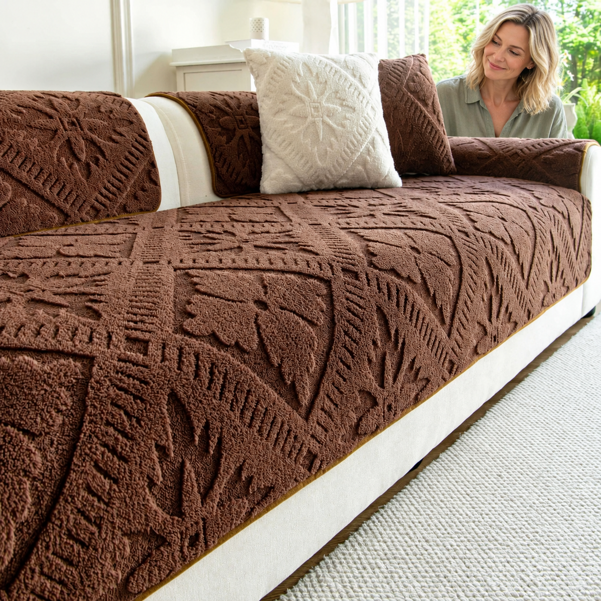 Sofa Decor Provence Plush Winter Sofa Seat Pad in A4 Coffee, styled with a blonde woman.