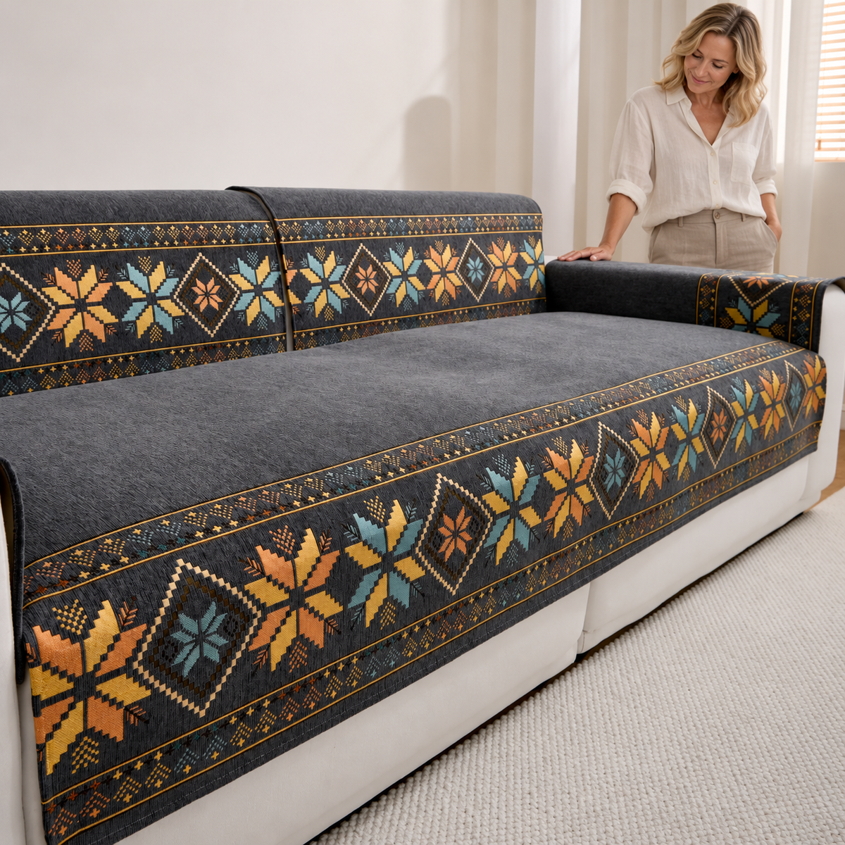 Sofa Decor Sorrento Jacquard Chenille Sofa Cover in Dark Grey, styled with a blonde woman.