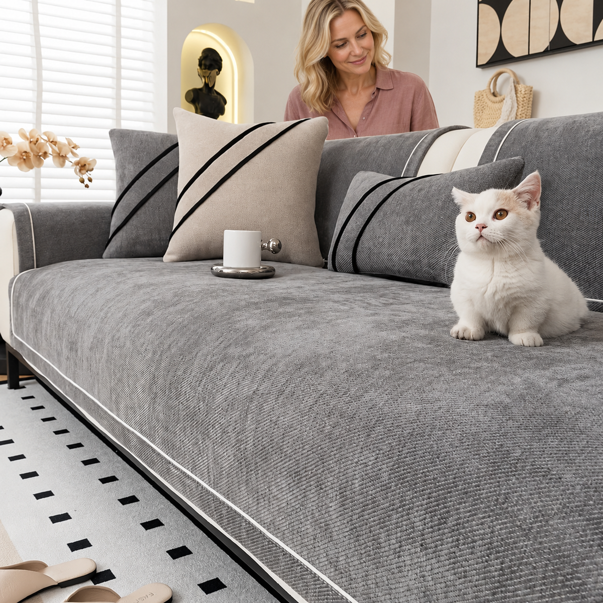 Sofa Decor Geneva Heavy Chenille Sofa Protector in Dark Grey / Australia, styled with a blonde woman.