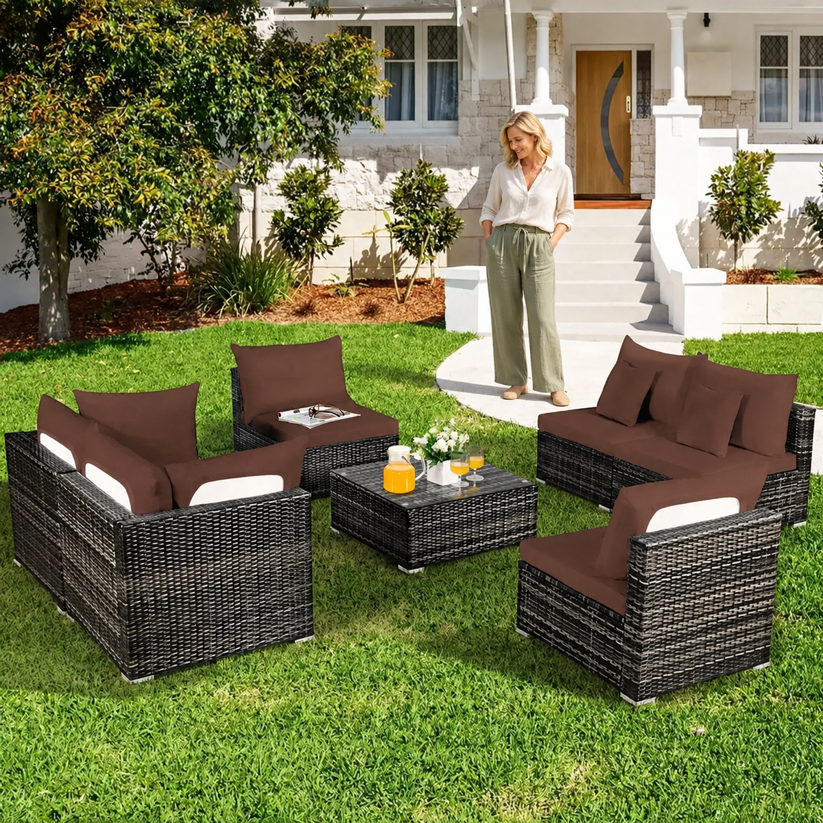 Sofa Decor Daintree Tropical Cushion Protectors in Coffee Brown, styled with a blonde woman.