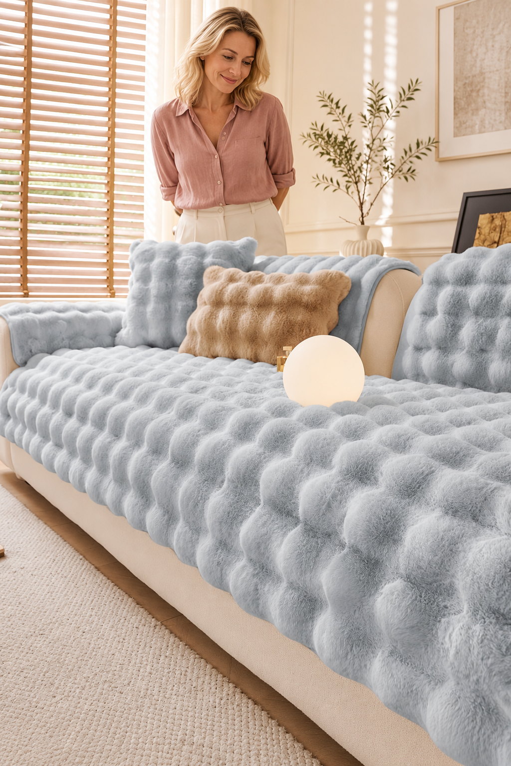 Sofa Decor Aurelia Faux Fur Cushion Cover in Light Grey, styled with a blonde woman.