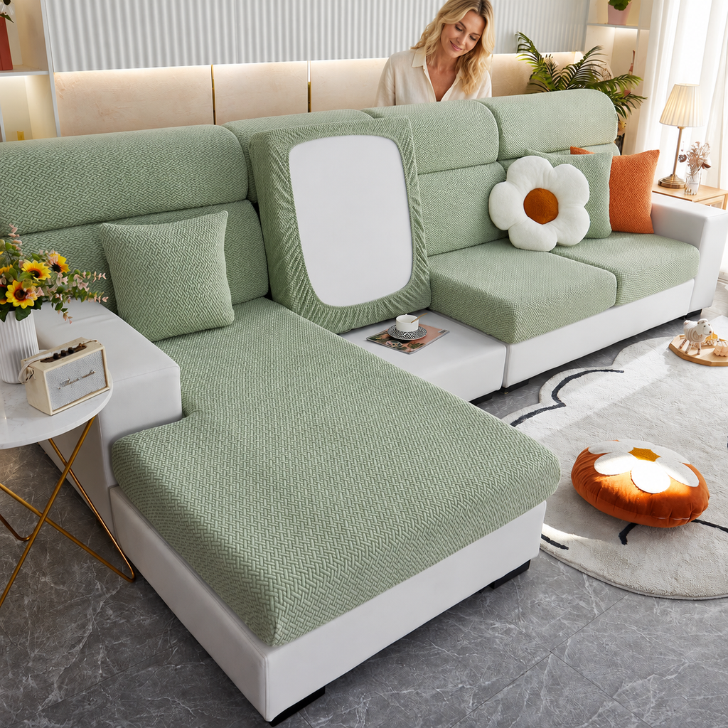 Sofa Decor Milan Twill Stretch Sofa Slipcover in Color  06, styled with a blonde woman.