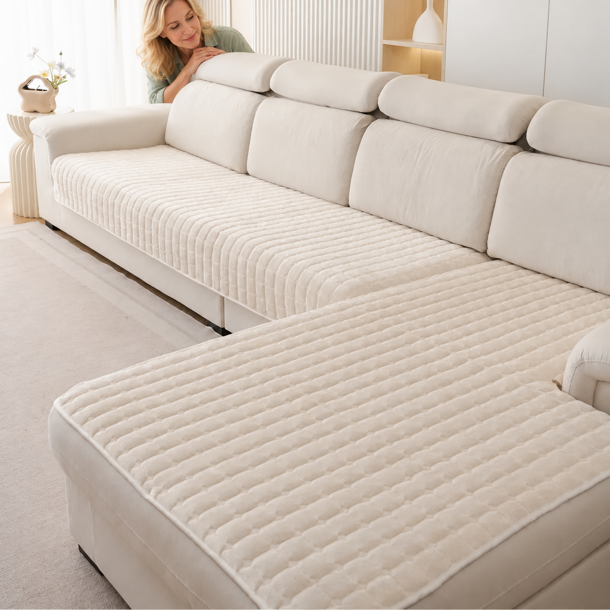 Sofa Decor Velluto Velvet Sofa Cushion Cover in Beige White, styled with a blonde woman.