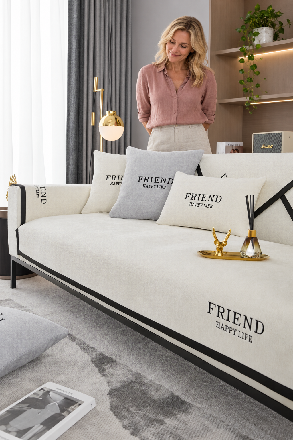Sofa Decor Kensington Chenille Cushion Cover in A6, styled with a blonde woman.