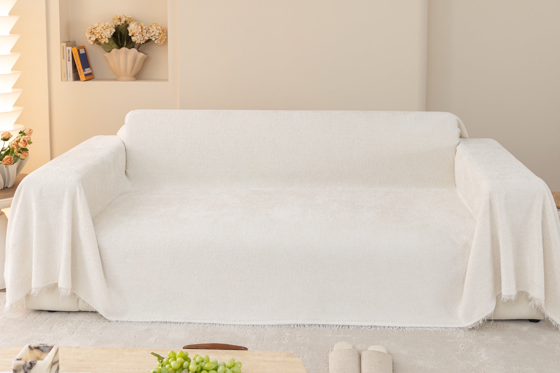 Sofa Decor Solene Textured Chenille Sofa Throw Cover in Cloud White - full sofa throw cover styling for soft chenille couch cover in Australia, image 52