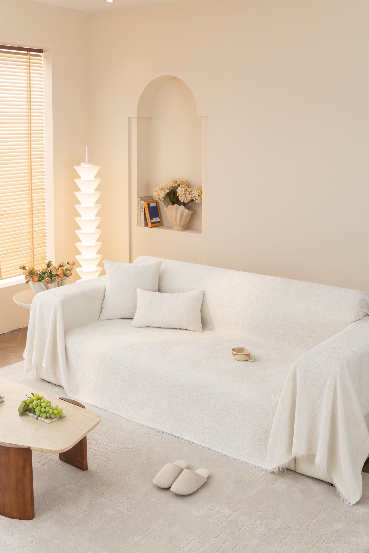Sofa Decor Solene Textured Chenille Sofa Throw Cover in Cloud White - full sofa throw cover styling for soft chenille couch cover in Australia, image 45