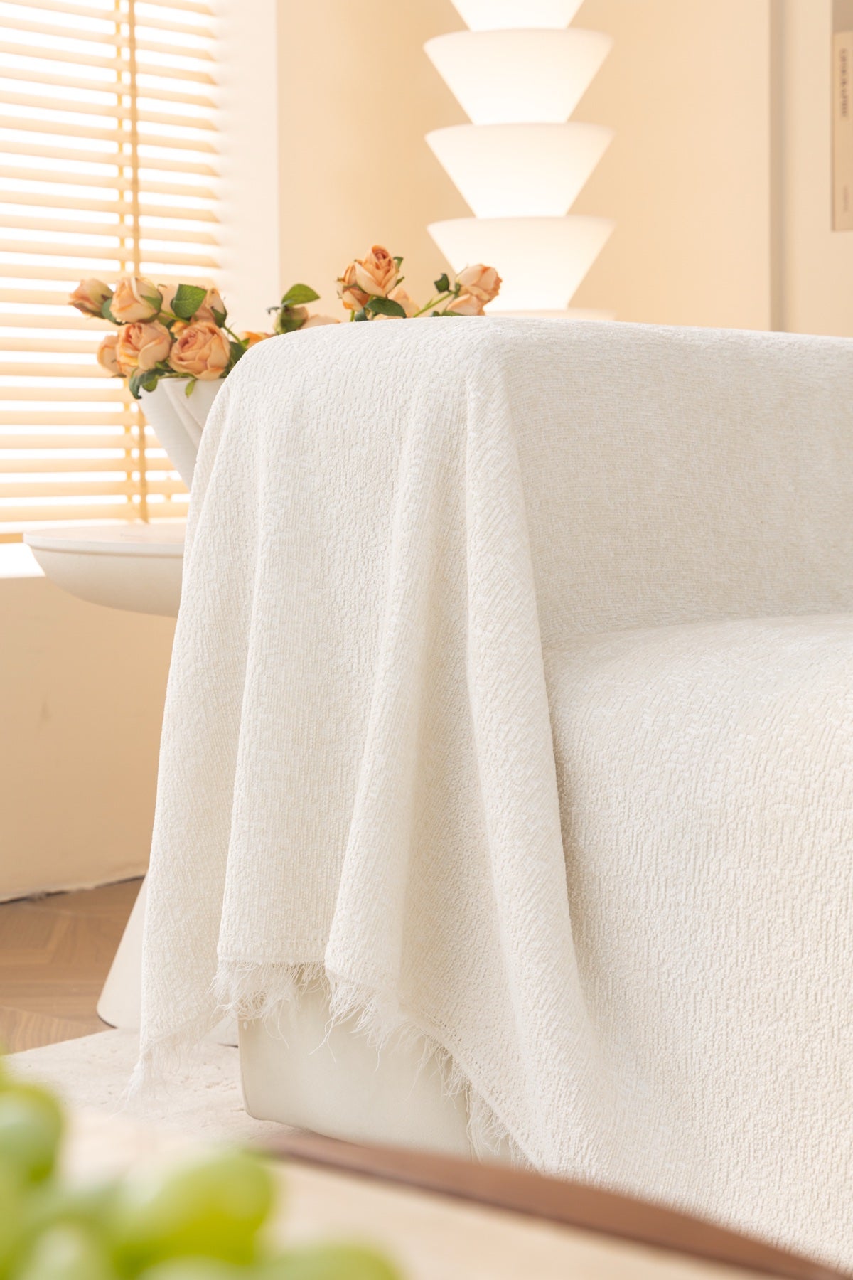 Sofa Decor Solene Textured Chenille Sofa Throw Cover in Cloud White - edge and drape closeup for soft chenille couch cover in Australia, image 51