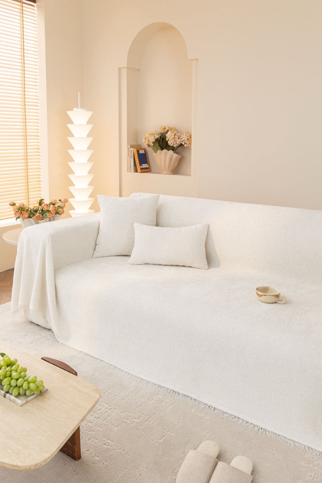 Sofa Decor Solene Textured Chenille Sofa Throw Cover in Cloud White - full sofa throw cover styling for soft chenille couch cover in Australia, image 46