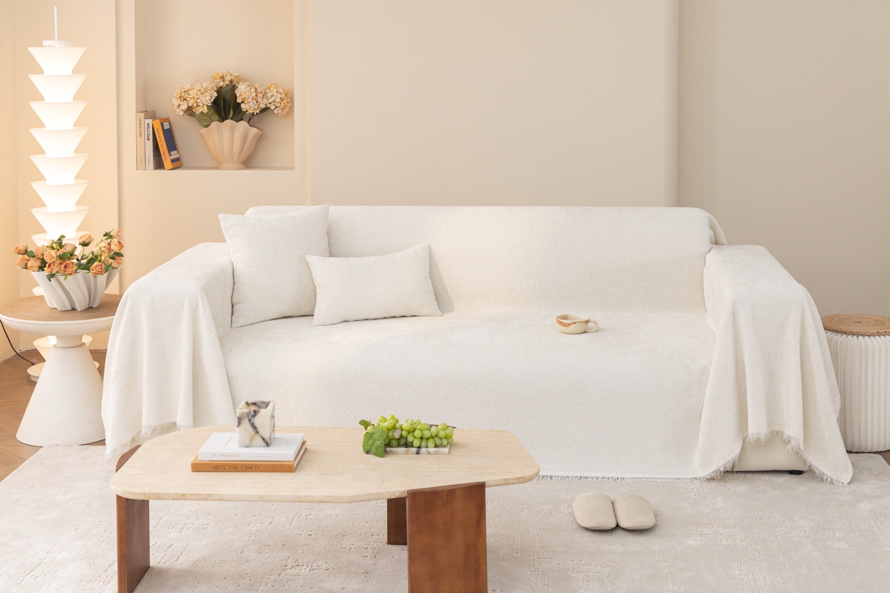 Sofa Decor Solene Textured Chenille Sofa Throw Cover in Cloud White - full sofa throw cover styling for soft chenille couch cover in Australia, image 41