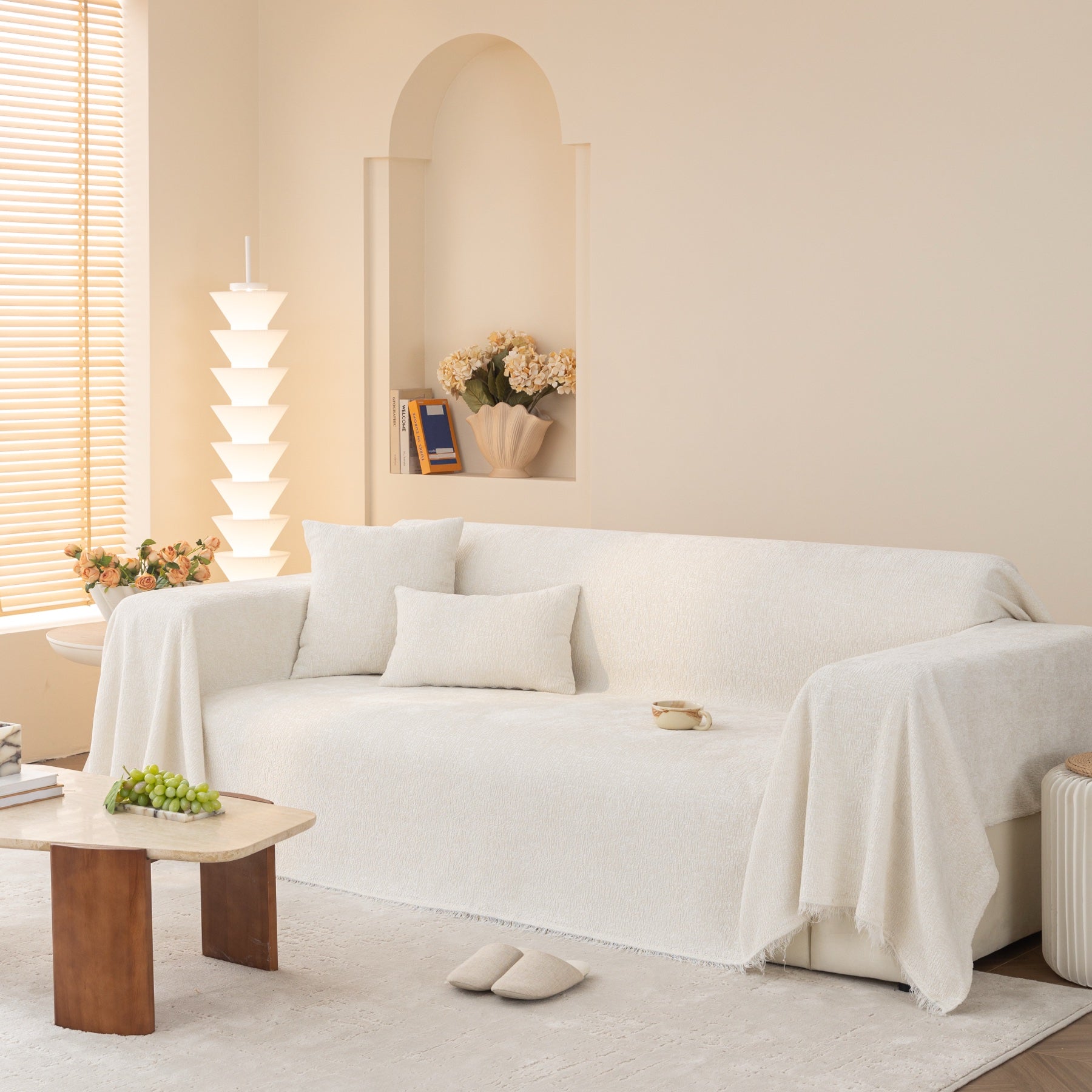 Sofa Decor Solene Textured Chenille Sofa Throw Cover in Cloud White - full sofa throw cover styling for soft chenille couch cover in Australia, image 42