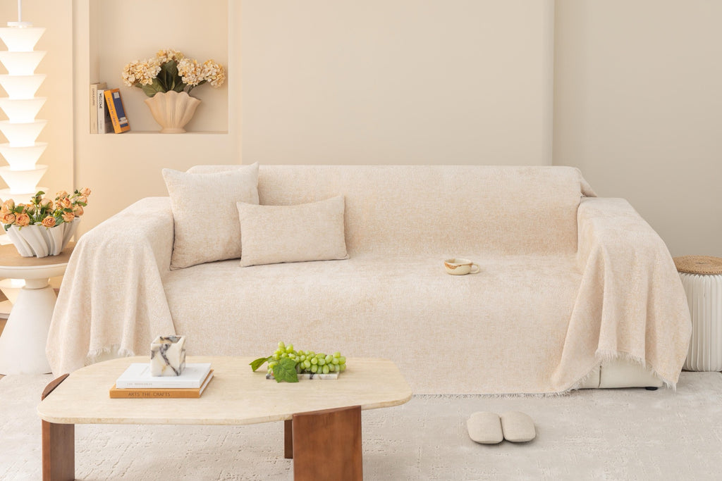 Sofa Decor Solene Textured Chenille Sofa Throw Cover in Ivory Cream - full sofa throw cover styling for soft chenille couch cover in Australia, image 2