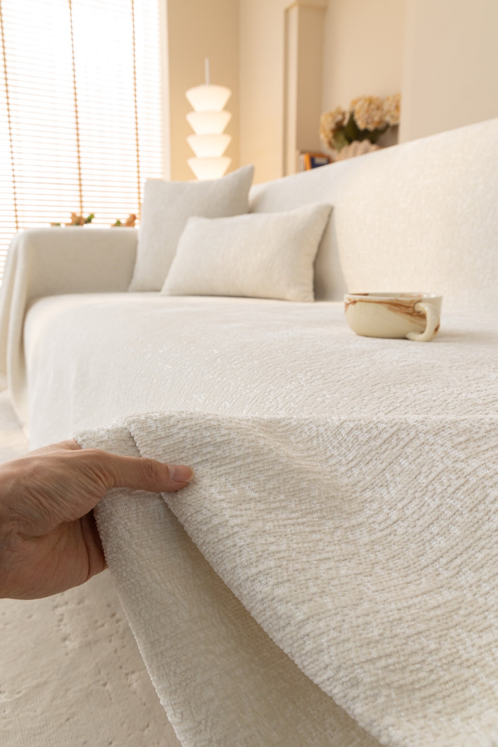 Sofa Decor Solene Textured Chenille Sofa Throw Cover in Ivory Cream - soft chenille texture detail for soft chenille couch cover in Australia, image 9