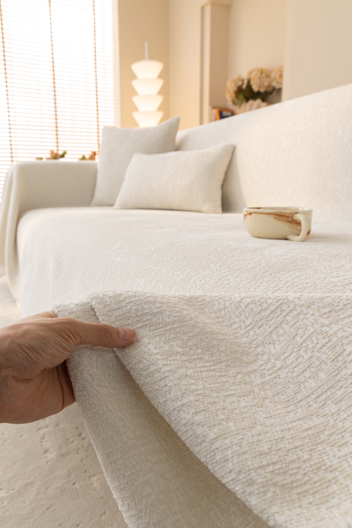 Sofa Decor Solene Textured Chenille Sofa Throw Cover in Ivory Cream - soft chenille texture detail for soft chenille couch cover in Australia, image 9