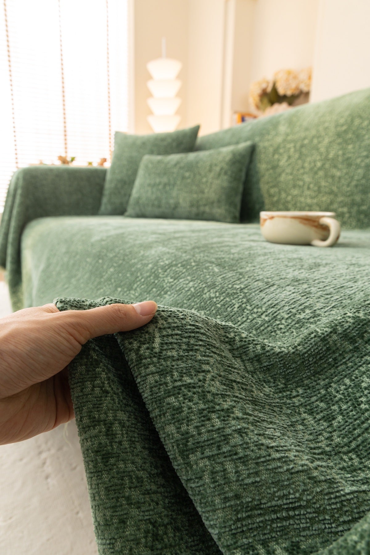 Sofa Decor Solene Textured Chenille Sofa Throw Cover in Sage Green - edge and drape closeup for soft chenille couch cover in Australia, image 22
