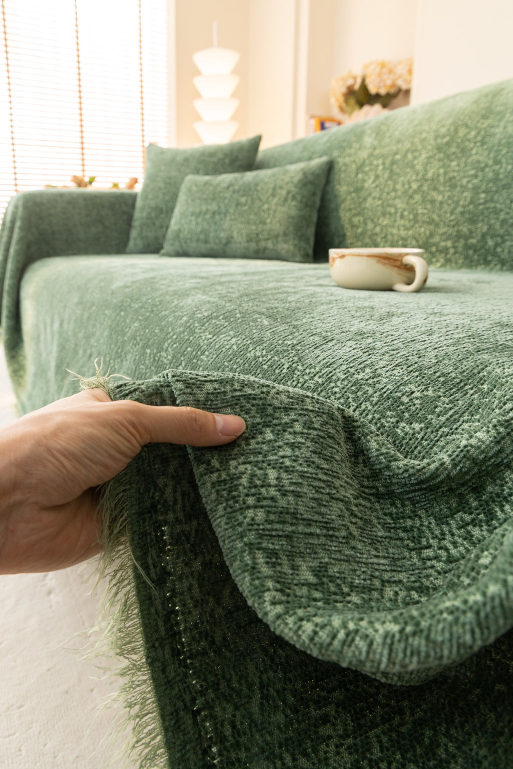 Sofa Decor Solene Textured Chenille Sofa Throw Cover in Sage Green - edge and drape closeup for soft chenille couch cover in Australia, image 23
