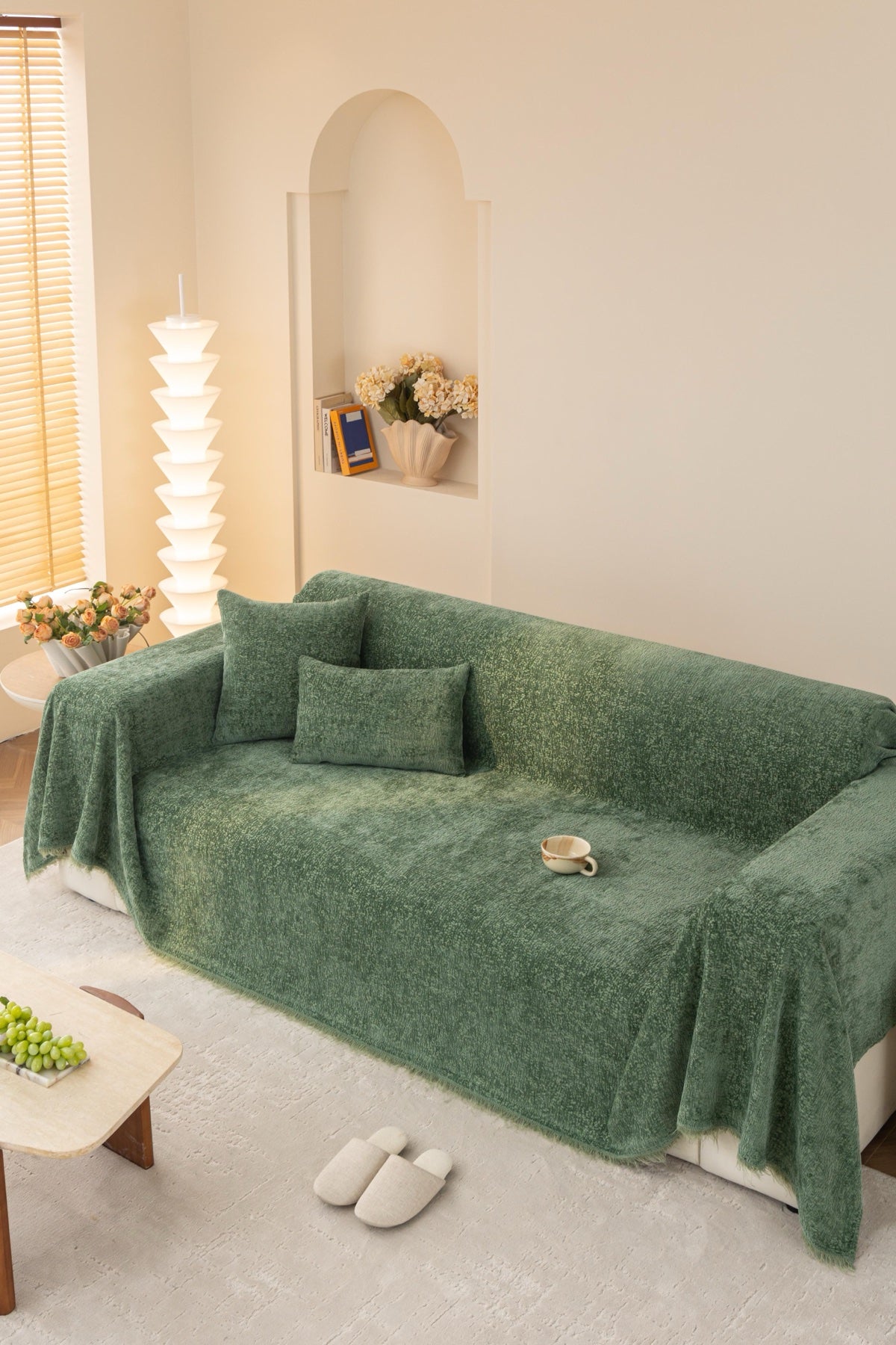 Sofa Decor Solene Textured Chenille Sofa Throw Cover in Sage Green - full sofa throw cover styling for soft chenille couch cover in Australia, image 15