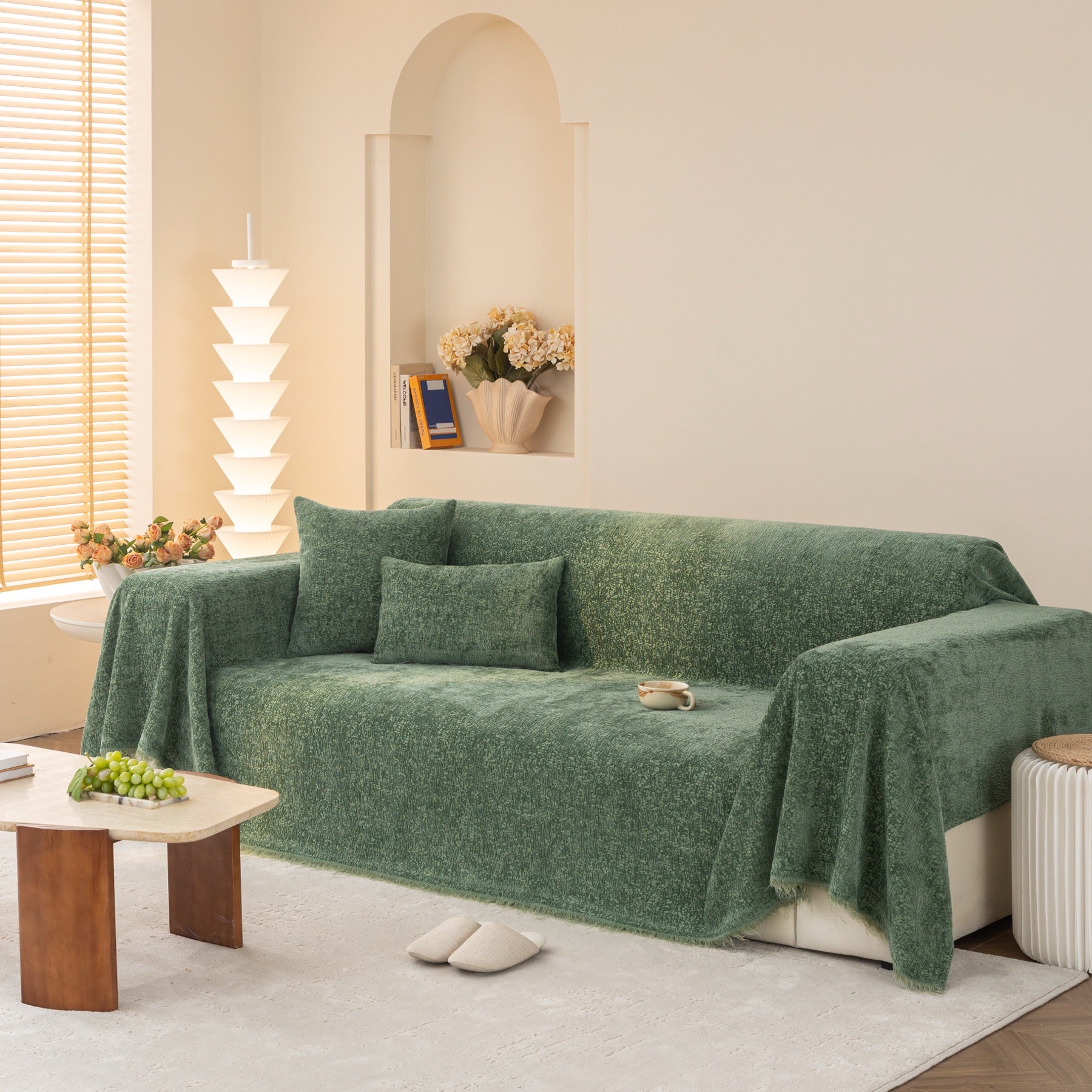 Sofa Decor Solene Textured Chenille Sofa Throw Cover in Sage Green - full sofa throw cover styling for soft chenille couch cover in Australia, image 14