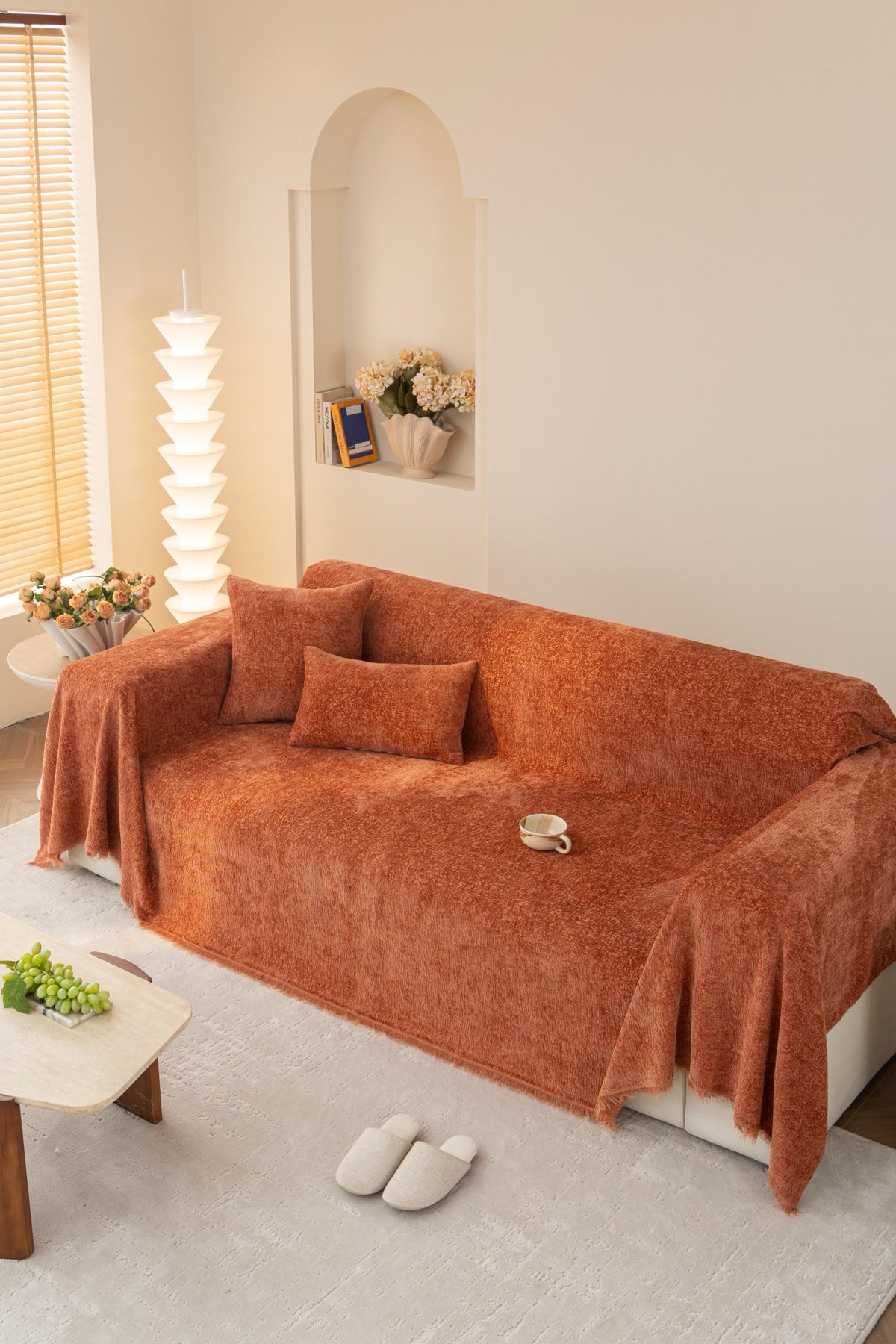 Sofa Decor Solene Textured Chenille Sofa Throw Cover in Terracotta Rust - full sofa throw cover styling for soft chenille couch cover in Australia, image 28