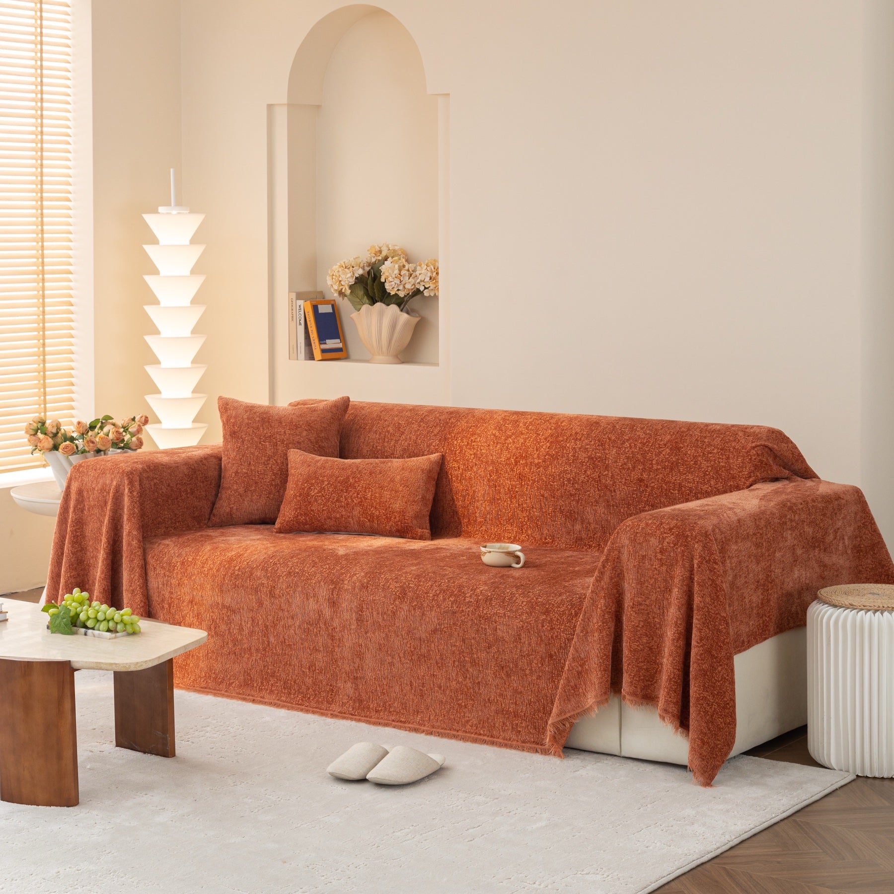 Sofa Decor Solene Textured Chenille Sofa Throw Cover in Terracotta Rust - full sofa throw cover styling for soft chenille couch cover in Australia, image 27