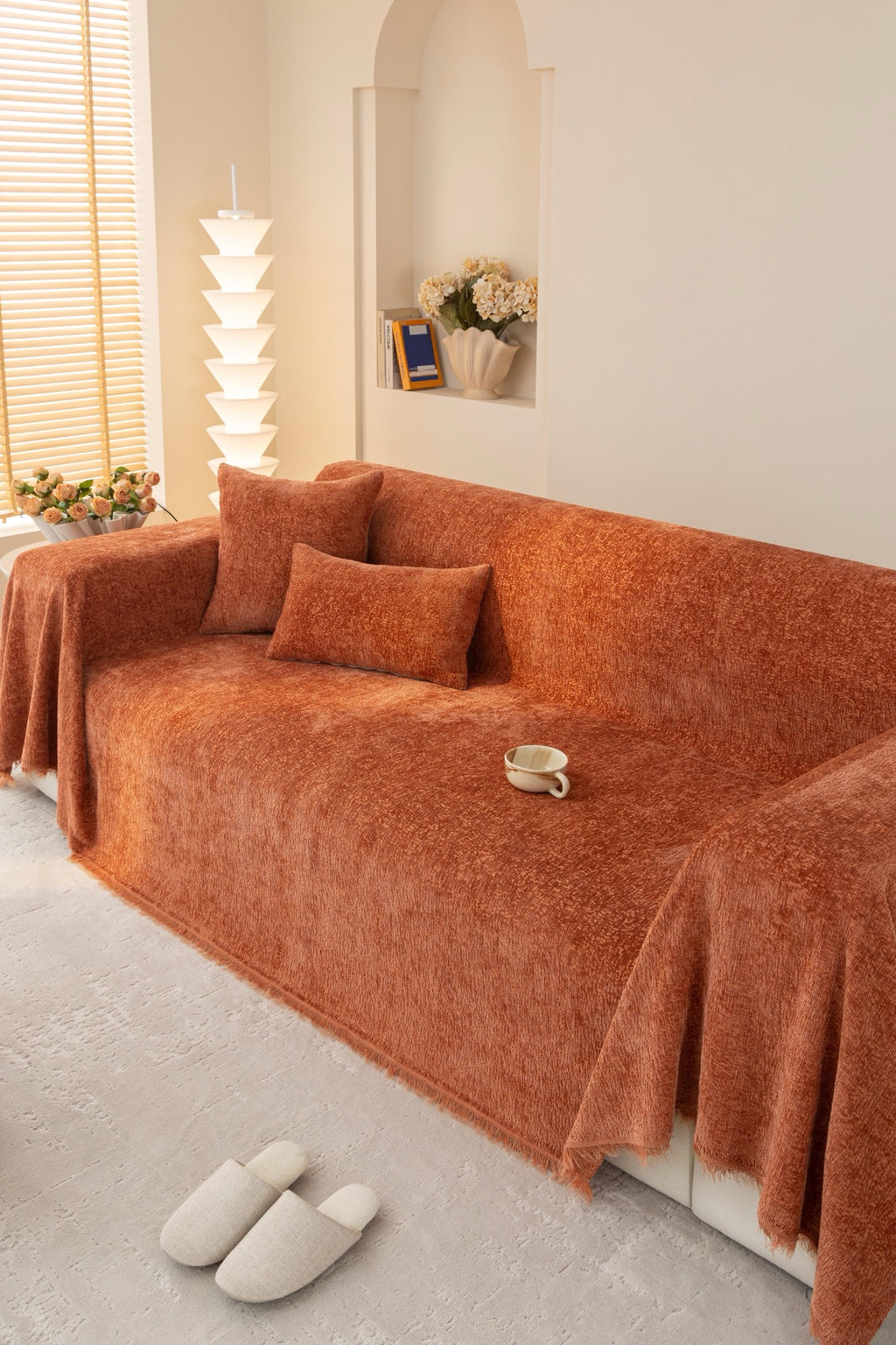 Sofa Decor Solene Textured Chenille Sofa Throw Cover in Terracotta Rust - full sofa throw cover styling for soft chenille couch cover in Australia, image 29