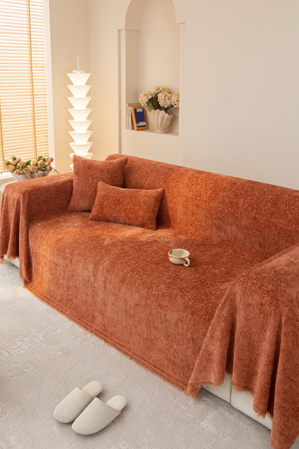 Sofa Decor Solene Textured Chenille Sofa Throw Cover in Terracotta Rust - full sofa throw cover styling for soft chenille couch cover in Australia, image 29