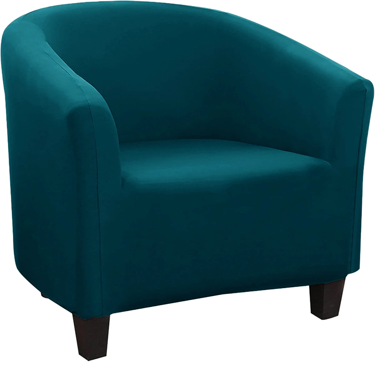 Stretch club chair slipcover in dark cyan teal on barrel armchair with spandex elastic fit